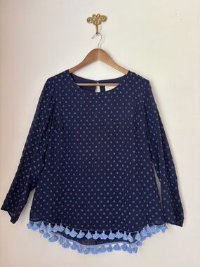Sail To Sable STS Blue Swiss Dot Pom Pom Trim Silk Blend Blouse Large